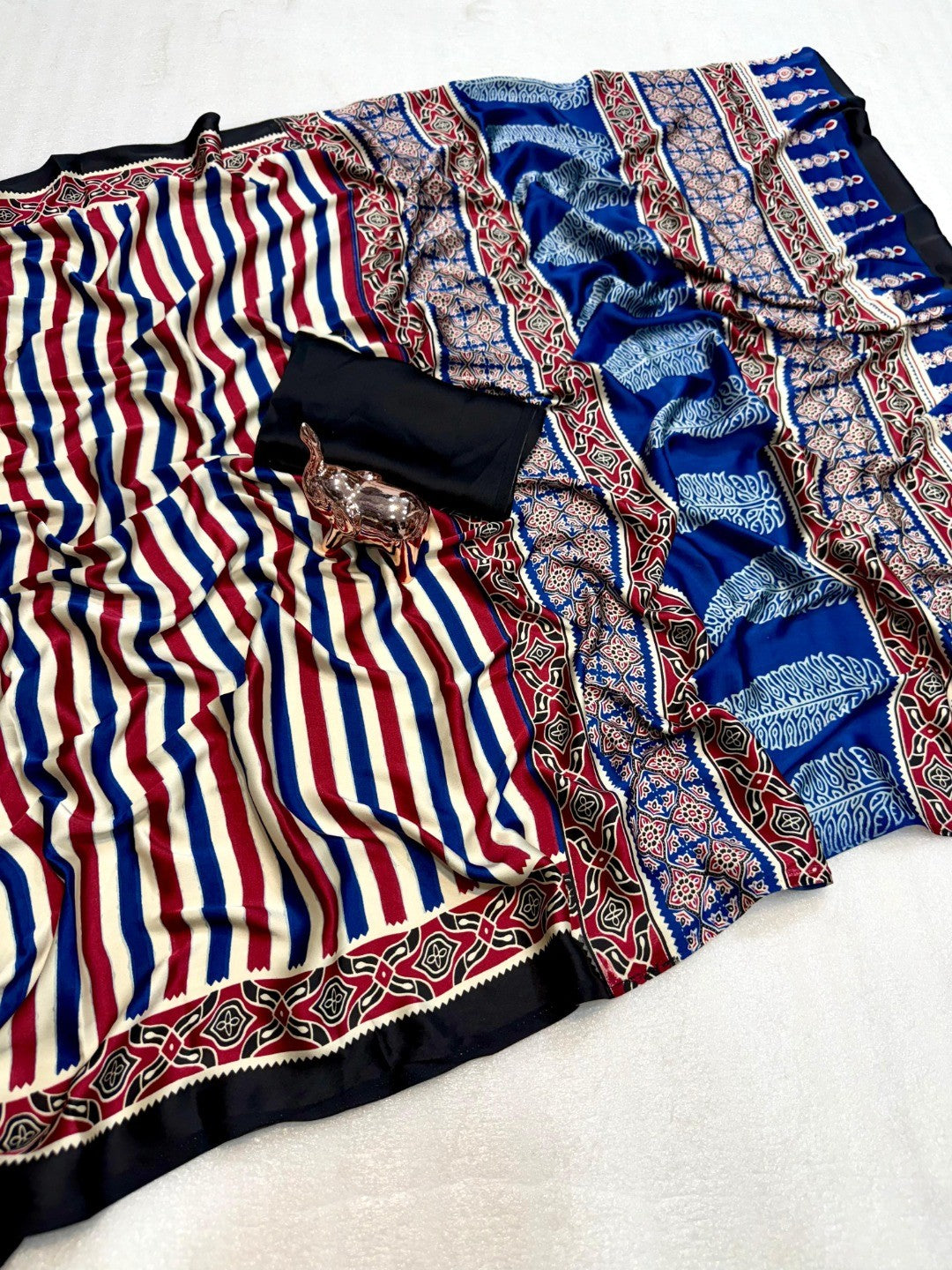 Black Striped Printed Crepe Saree with Detailed Ajrakh Pallu and Timeless Traditional Look - Image 3