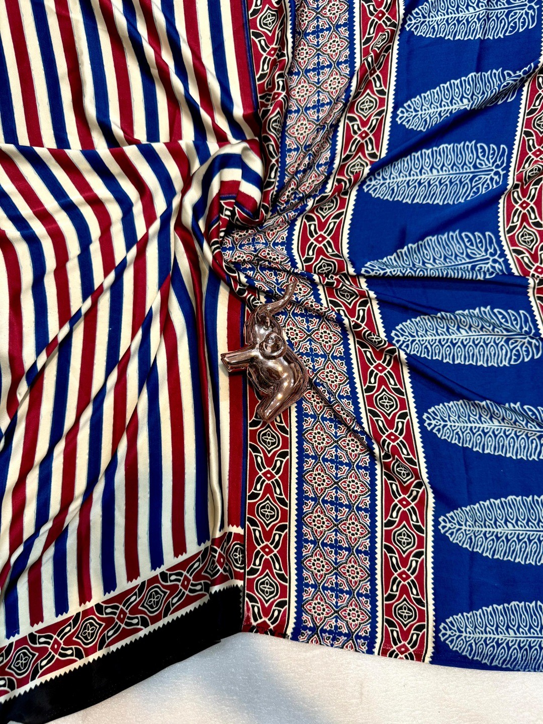 Black Striped Printed Crepe Saree with Detailed Ajrakh Pallu and Timeless Traditional Look - Image 5