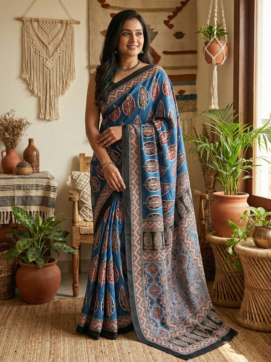 Blue Ajrakh Printed Crepe Saree with Detailed Ajrakh Pallu and Timeless Traditional Look - Image 1