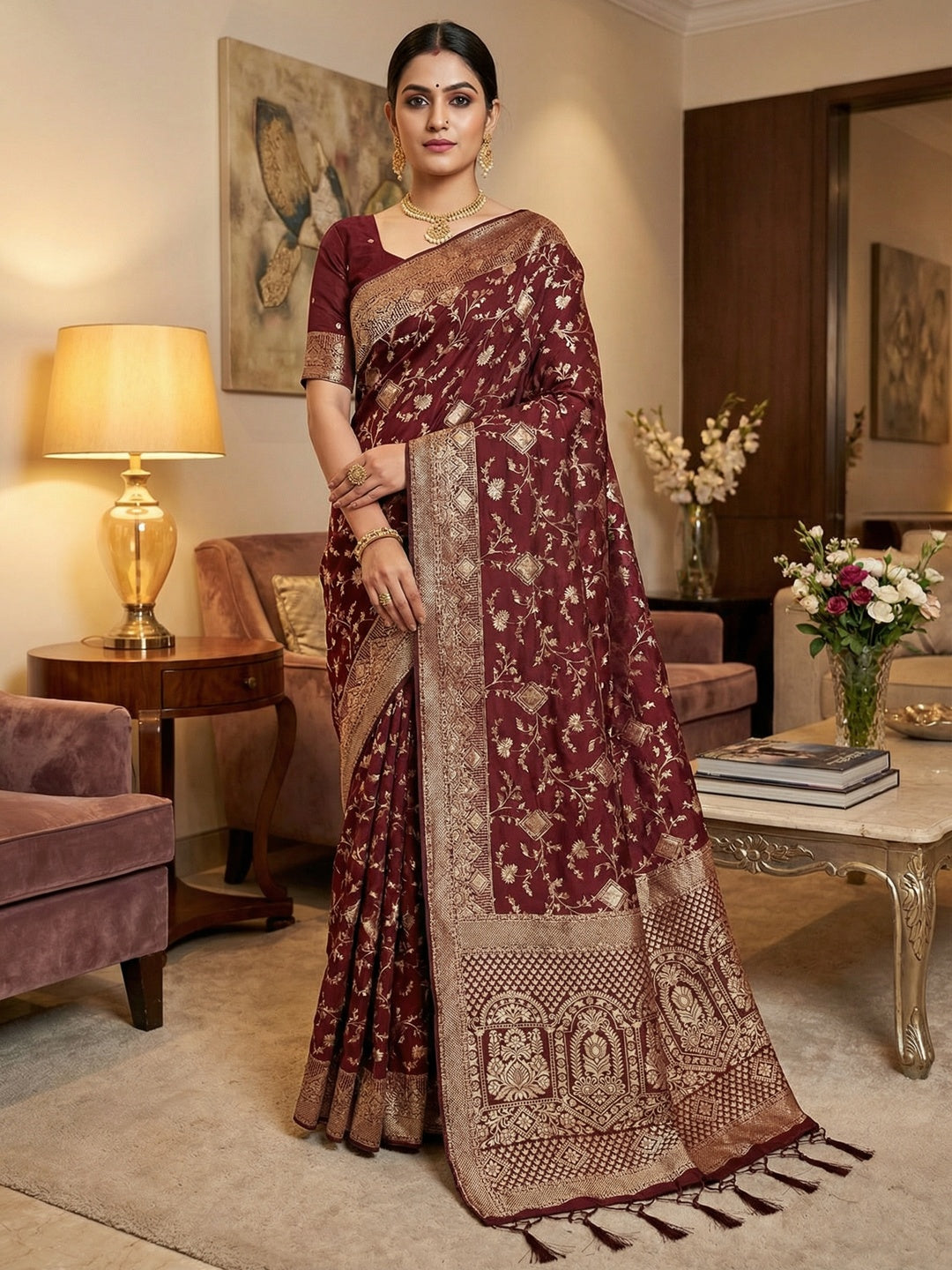 Luxurious Maroon Floral Weaving Dola Silk Saree With Handcrafted Tassel Pallu Finish - Image 1