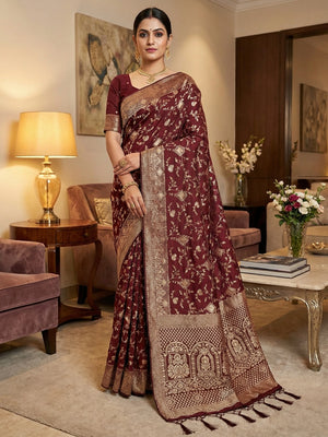 Luxurious Maroon Floral Weaving Dola Silk Saree With Handcrafted Tassel Pallu Finish - Image 1