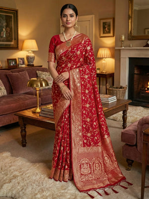 Luxurious Red Floral Weaving Dola Silk Saree With Handcrafted Tassel Pallu Finish - Image 1