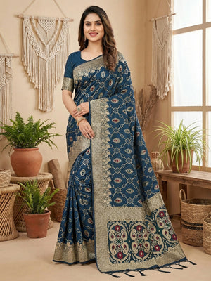 Elegant Blue Jacquard Weaved Dola Silk Saree Featuring Zari Motifs & Ornate Paisley Pallu Work - Image 1