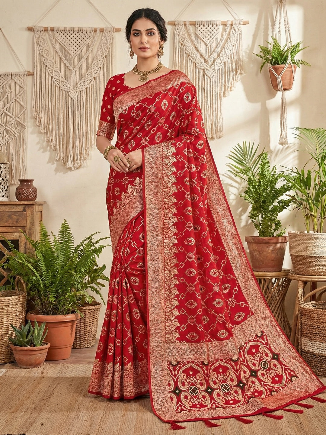 Elegant Red Jacquard Weaved Dola Silk Saree Featuring Zari Motifs & Ornate Paisley Pallu Work - Image 1