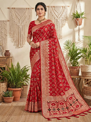 Elegant Red Jacquard Weaved Dola Silk Saree Featuring Zari Motifs & Ornate Paisley Pallu Work - Image 1