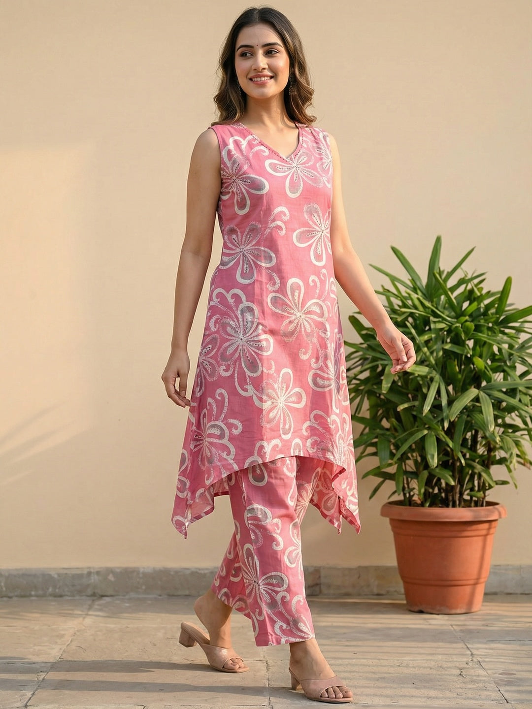 Pink Floral Printed Pure Cotton A-Line Top Bottom Set - Image 4