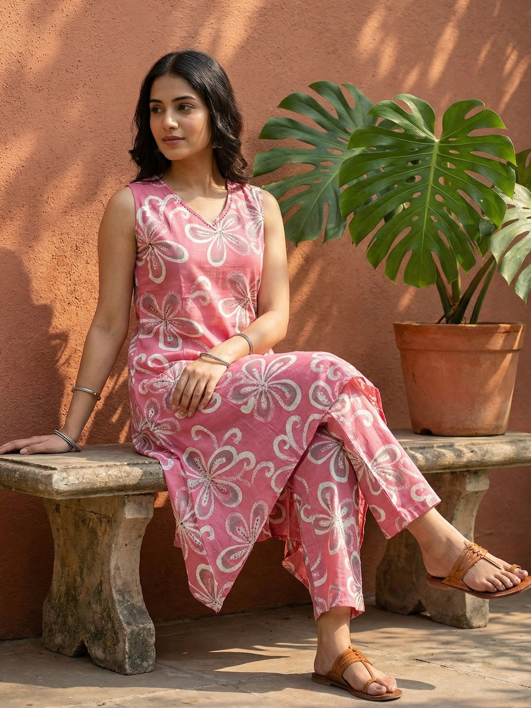 Pink Floral Printed Pure Cotton A-Line Top Bottom Set - Image 5