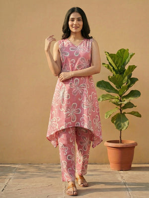 Pink Floral Printed Pure Cotton A-Line Top Bottom Set - Image 1