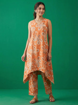 Orange Floral Printed Pure Cotton A-Line Top Bottom Set - Image 1