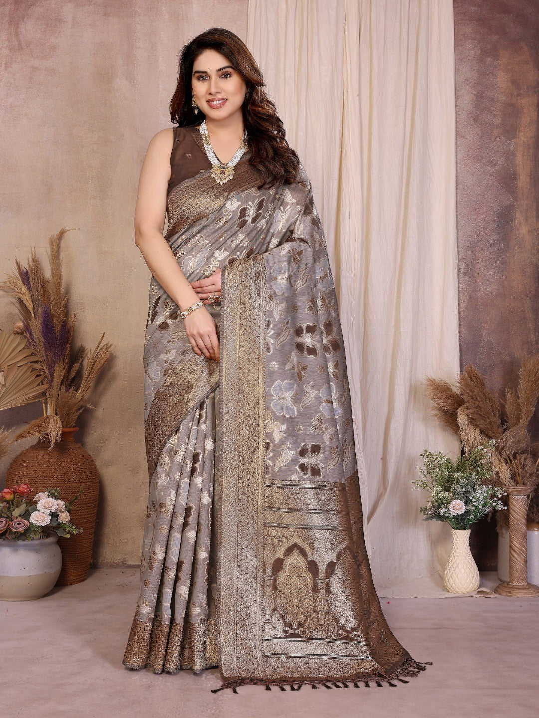 Graceful Brown Floral & Butterfly Motifs Zari Woven Pure Cotton Saree With Designer Tassel Pallu - Image 1