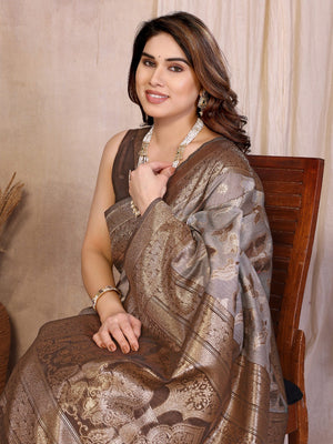 Graceful Brown Floral & Butterfly Motifs Zari Woven Pure Cotton Saree With Designer Tassel Pallu - Image 2