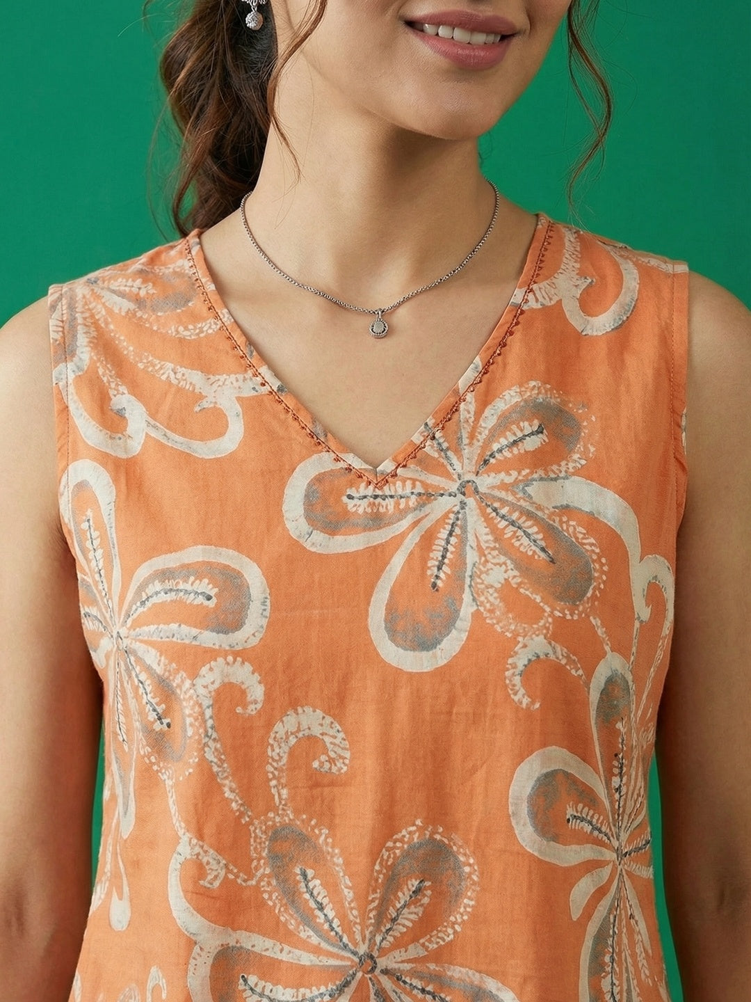 Orange Floral Printed Pure Cotton A-Line Top Bottom Set - Image 2