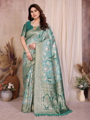 Graceful Rama Green Floral & Butterfly Motifs Zari Woven Pure Cotton Saree With Designer Tassel Pallu - Image 1