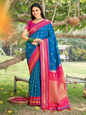 Elegant Blue Ethnic Motifs Zari Silk Blend Saree for Festive Occasions - Image 1