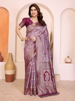 Classic Purple Jacquard Weaving Pure Cotton Saree With Elegant Floral Motifs & Tassel Pallu - Image 2