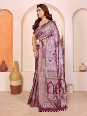 Classic Purple Jacquard Weaving Pure Cotton Saree With Elegant Floral Motifs & Tassel Pallu - Image 2