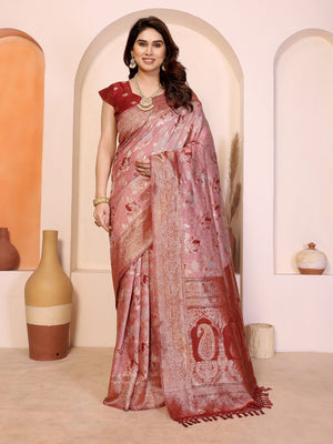 Classic Maroon Jacquard Weaving Pure Cotton Saree With Elegant Floral Motifs & Tassel Pallu - Image 1