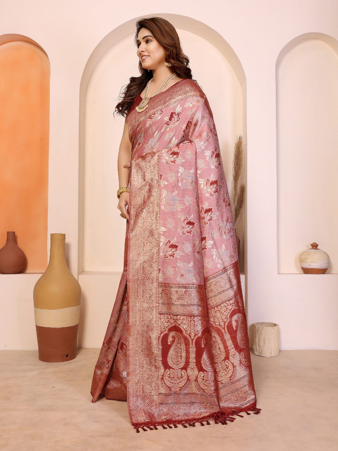 Classic Maroon Jacquard Weaving Pure Cotton Saree With Elegant Floral Motifs & Tassel Pallu - Image 2