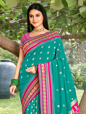 Elegant Rama Green Ethnic Motifs Zari Silk Blend Saree for Festive Occasions - Image 2