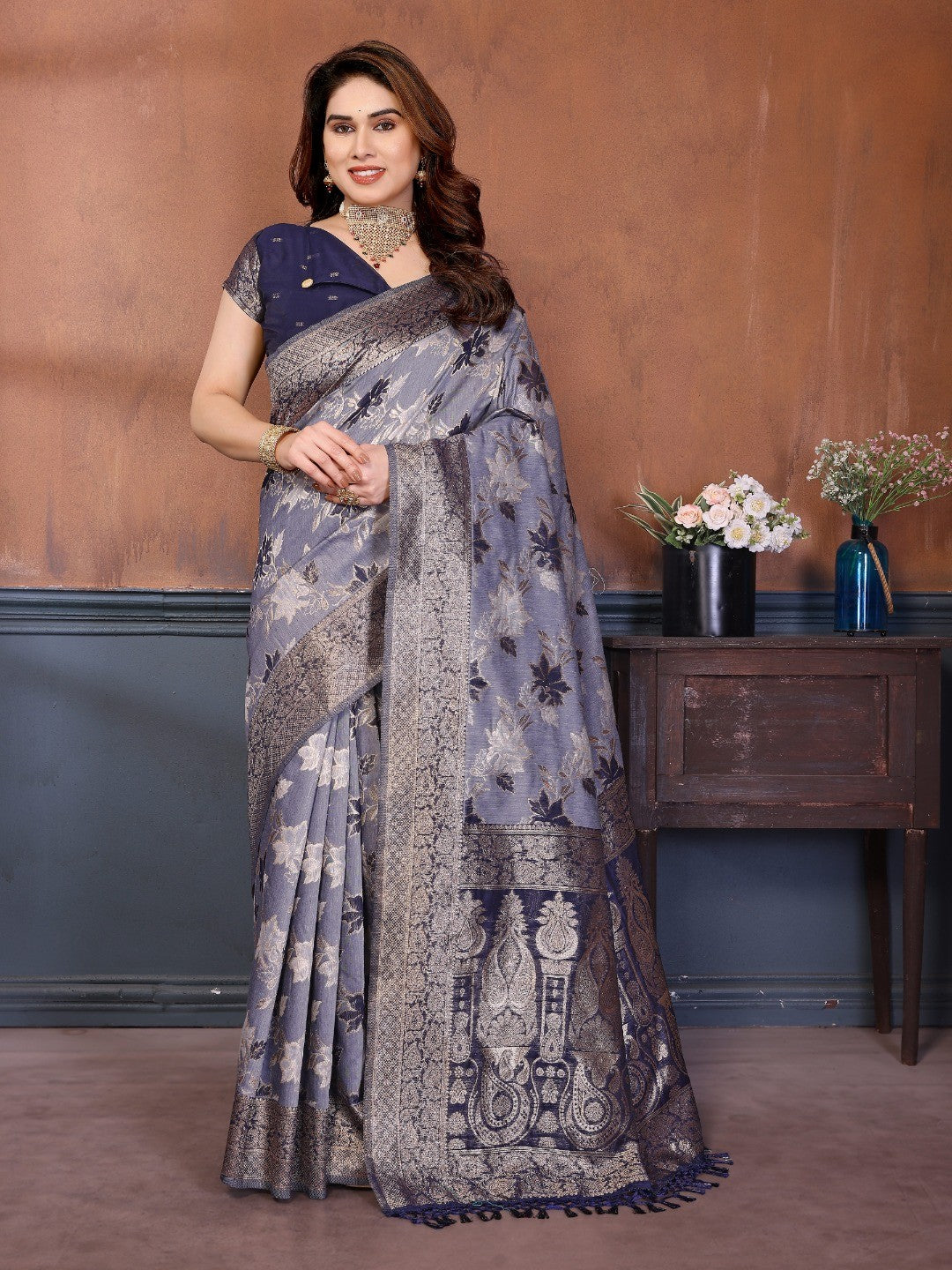 Classic Blue Floral Jacquard Zari Weaving Pure Cotton Saree With Traditional Tassels Pallu - Image 1