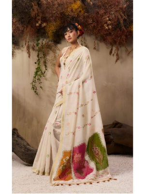 Cream Floral Linen Saree with Elegant Natural Fall and Rich Festive Presence - Image 1