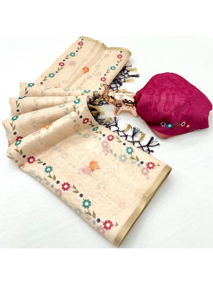 Cream Floral Linen Saree with Elegant Natural Fall and Rich Festive Presence - Image 2