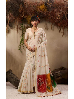 Cream Floral Linen Saree with Minimal Floral Elegance and Festive Occasion Styling - Image 1