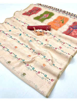 Cream Floral Linen Saree with Minimal Floral Elegance and Festive Occasion Styling - Image 2