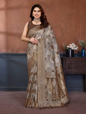 Classic Brown Floral Jacquard Zari Weaving Pure Cotton Saree With Traditional Tassels Pallu - Image 1