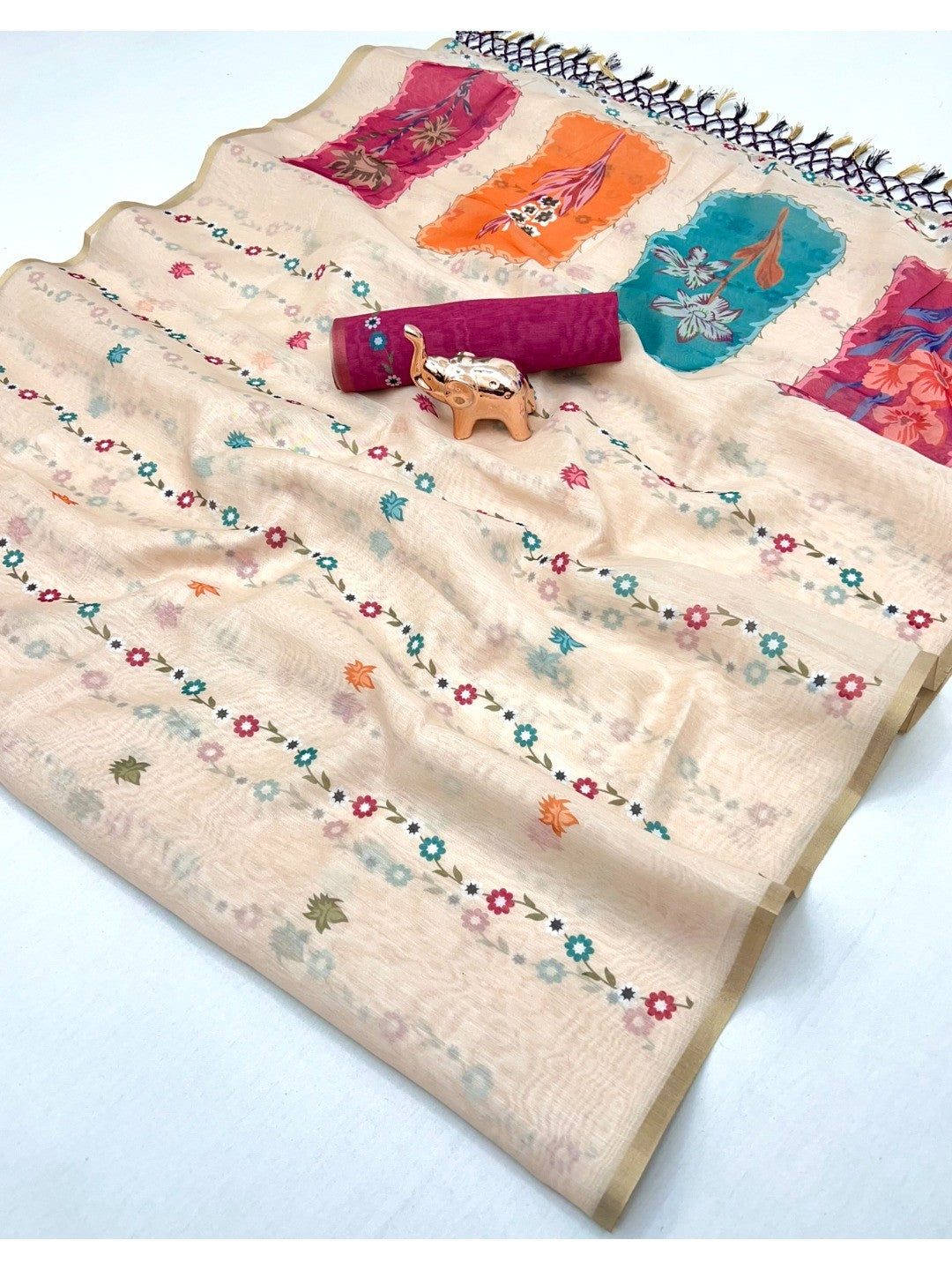 Cream Floral Printed Linen Saree with Soft Natural Fabric and Sophisticated Festive Elegance - Image 2