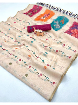 Cream Floral Printed Linen Saree with Soft Natural Fabric and Sophisticated Festive Elegance - Image 2