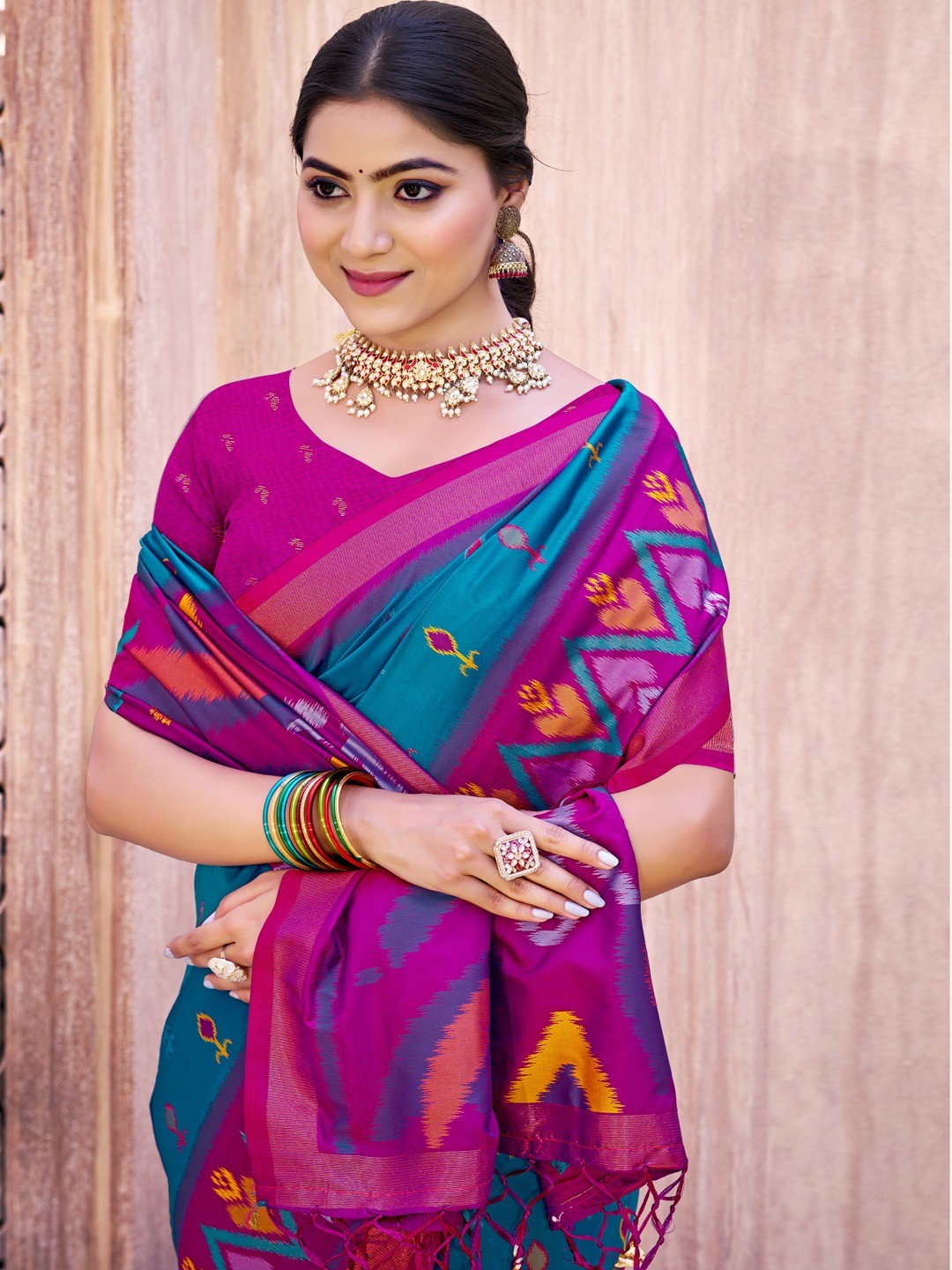 Rama Blue Silk Blend Saree Featuring Classic Ikkat Print and Intricate Woven Design Finish - Image 2