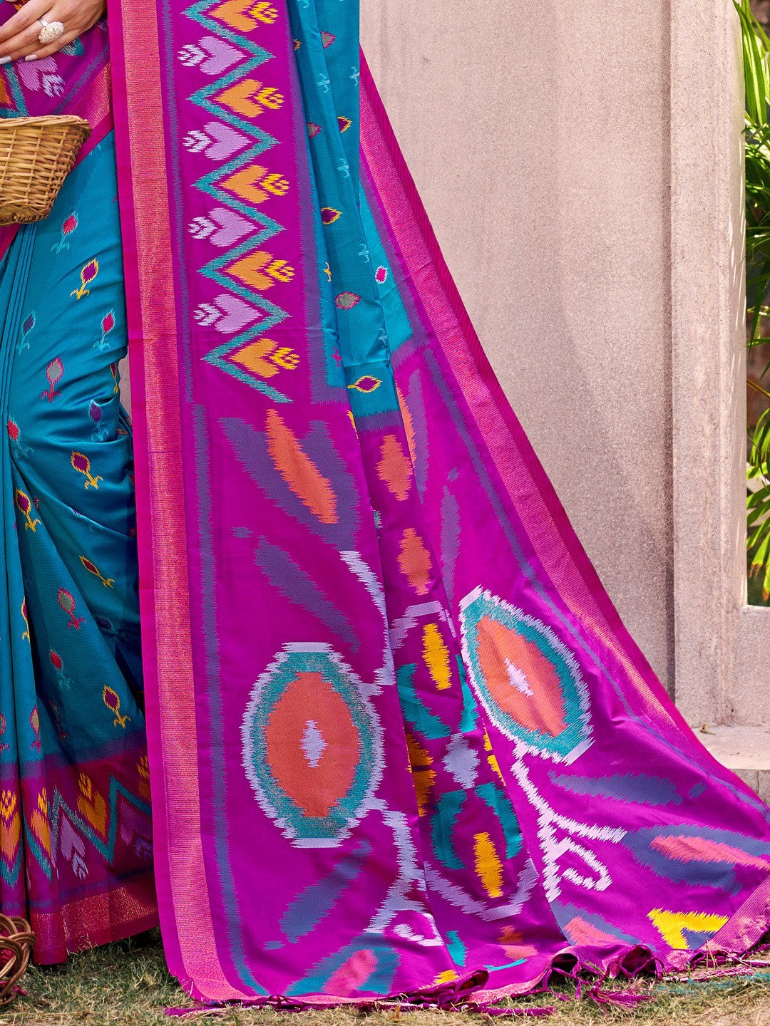Rama Blue Silk Blend Saree Featuring Classic Ikkat Print and Intricate Woven Design Finish - Image 3