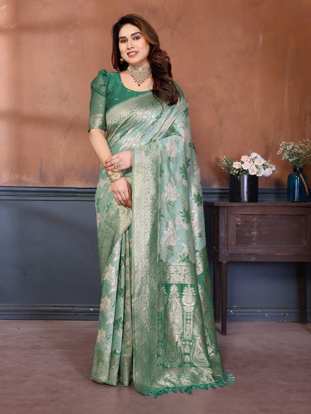 Classic Rama Green Floral Jacquard Zari Weaving Pure Cotton Saree With Traditional Tassels Pallu - Image 1