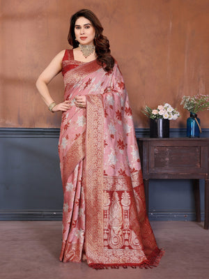 Classic Maroon Floral Jacquard Zari Weaving Pure Cotton Saree With Traditional Tassels Pallu - Image 1