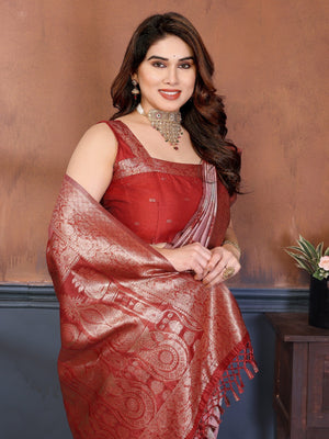 Classic Maroon Floral Jacquard Zari Weaving Pure Cotton Saree With Traditional Tassels Pallu - Image 2