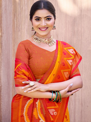 Yellow Silk Blend Saree Featuring Classic Ikkat Print and Intricate Woven Design Finish - Image 2