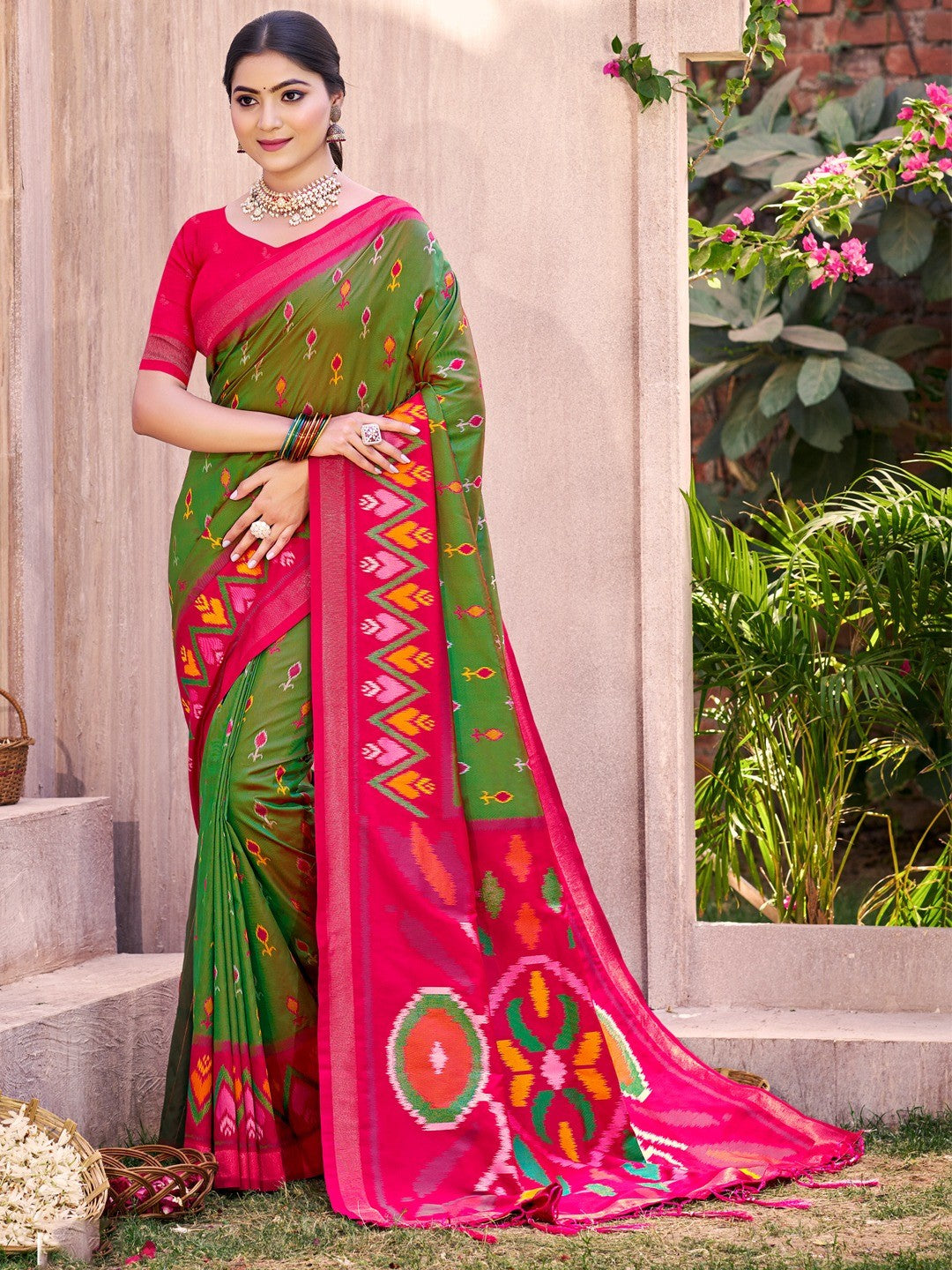 Mehendi Green Silk Blend Saree Featuring Classic Ikkat Print and Intricate Woven Design Finish - Image 1