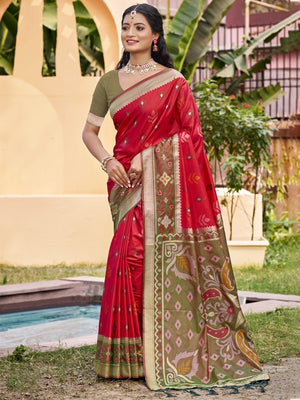 Red Silk Blend Saree Featuring Classic Ikkat Print and Intricate Woven Design Finish - Image 1