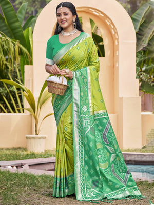 Light Green Silk Blend Saree Featuring Classic Ikkat Print and Intricate Woven Design Finish - Image 1
