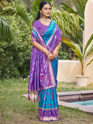Rama Blue Silk Blend Saree Featuring Classic Ikkat Print and Intricate Woven Design Finish - Image 1