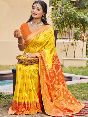 Yellow Silk Blend Saree Featuring Classic Ikkat Print and Intricate Woven Design Finish - Image 1