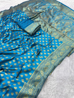 Luxurious Blue Jacquard Woven Lichi Pure Silk Saree Showcasing Floral & Paisley Pallu - Image 2