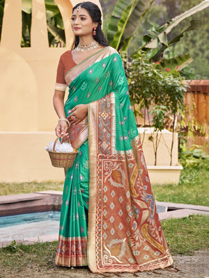 Rama Green Silk Blend Saree Featuring Classic Ikkat Print and Intricate Woven Design Finish - Image 1