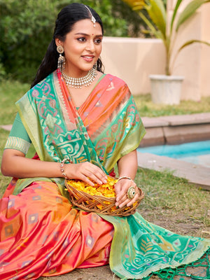 Peach Silk Blend Saree Featuring Classic Ikkat Print and Intricate Woven Design Finish - Image 2