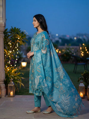 Elegant Blue Floral Print Viscose Salwar Suit with Yoke Embroidery - Image 2