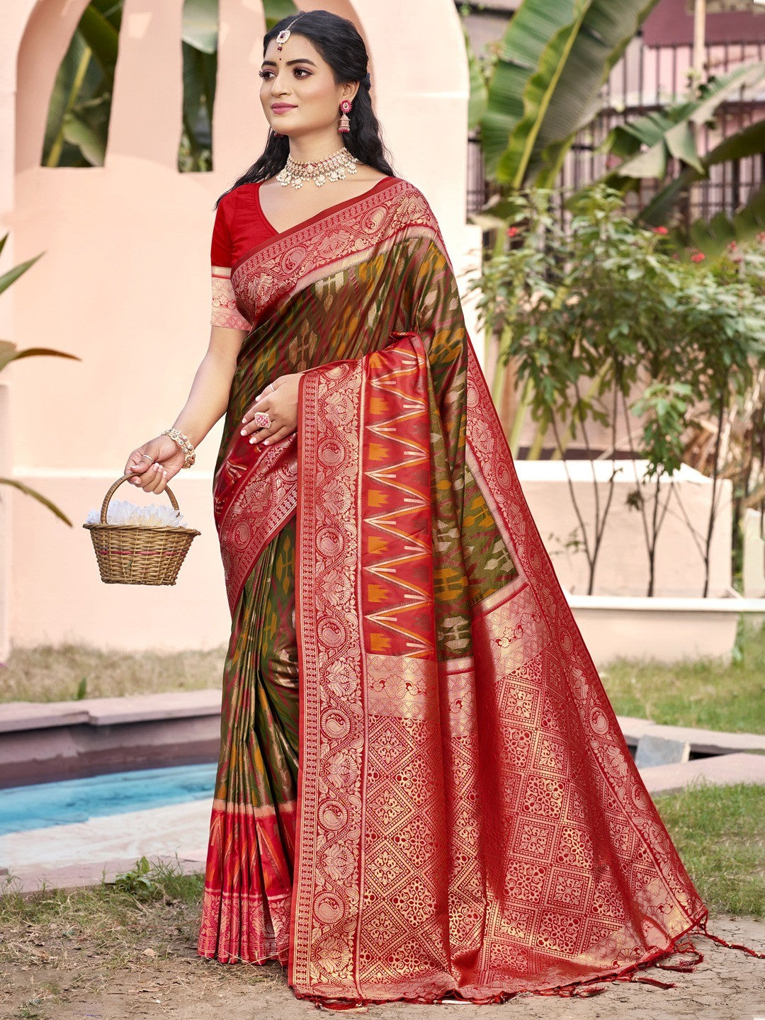 Elegant Mehendi Green Ikkat Print Woven Silk Blend Saree with Red Border - Image 1
