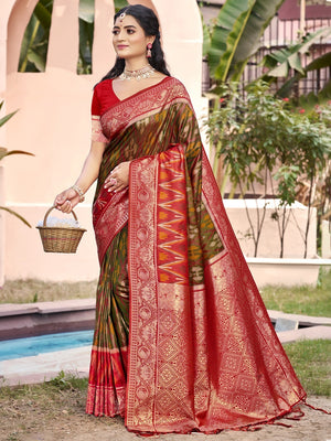 Elegant Mehendi Green Ikkat Print Woven Silk Blend Saree with Red Border - Image 1