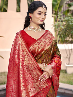 Elegant Mehendi Green Ikkat Print Woven Silk Blend Saree with Red Border - Image 2