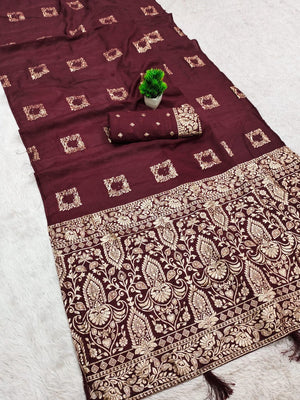 Elegant Maroon Cotton Blend Saree Crafted With Rich Zari Weaving & Heritage Floral Design - Image 1
